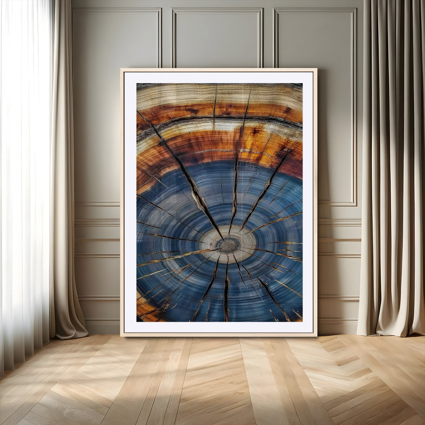 58959380-MGC-FP-24x36-Tree Rings Wall Art Canvas Print, Framed Wood Texture Art Picture Print, Blue Grain Perfect Rustic Modern Decor Artwork