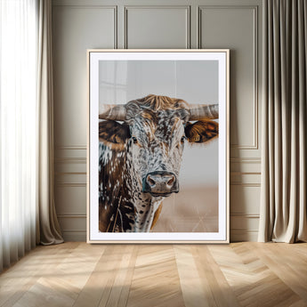 50803532-MGV-CV-24X36-Texas Longhorn Wall Art Canvas Print, Framed Speckled Cow Art Picture Print, Horned Bull Perfect Rustic Western Decor Artwork