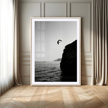 99497106-MGC-FP-24x36-Cliff Jumping Wall Art Canvas Print, Framed Black White Ocean Art Picture Print, Monochrome Cliff Perfect Minimalist Adventure