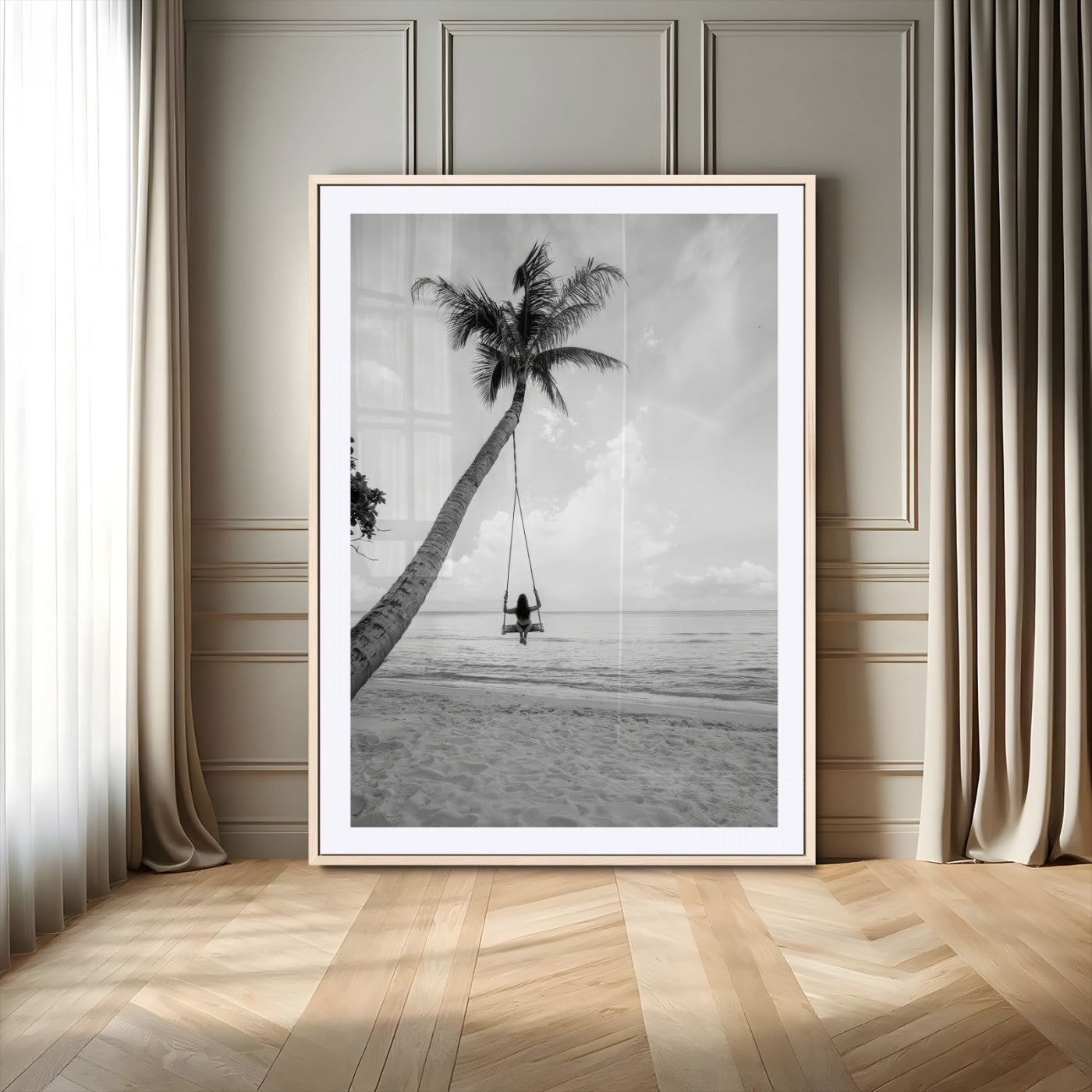 78460277-MGV-CV-24X36-Black White Palms Wall Art Canvas Print, Framed Beach Swing Art Picture Print, Monochrome Coastal Perfect Minimalist Coastal Decor