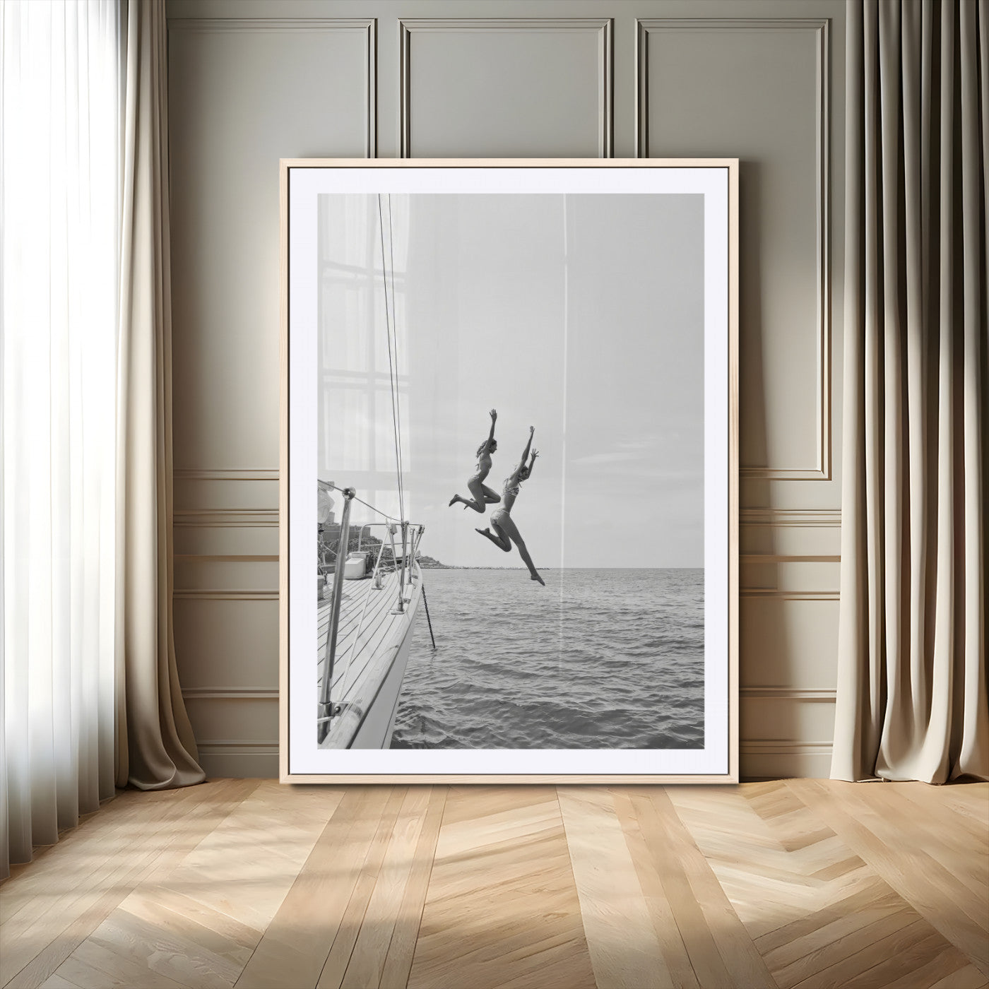 74555508-MGC-FP-24x36-Black White Sailing Wall Art Canvas Print, Framed Ocean Adventure Art Picture Print, Summer Energy Perfect Modern Minimalism Decor