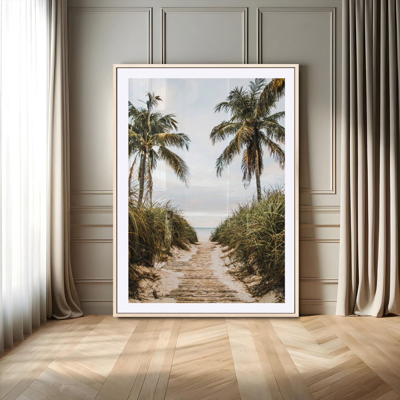 47319550-MGC-FP-24x36-Tropical Beach Wall Art Canvas Print, Framed Rustic Sand Art Picture Print, Palm Tree Perfect Tropical Coastal Decor Artwork