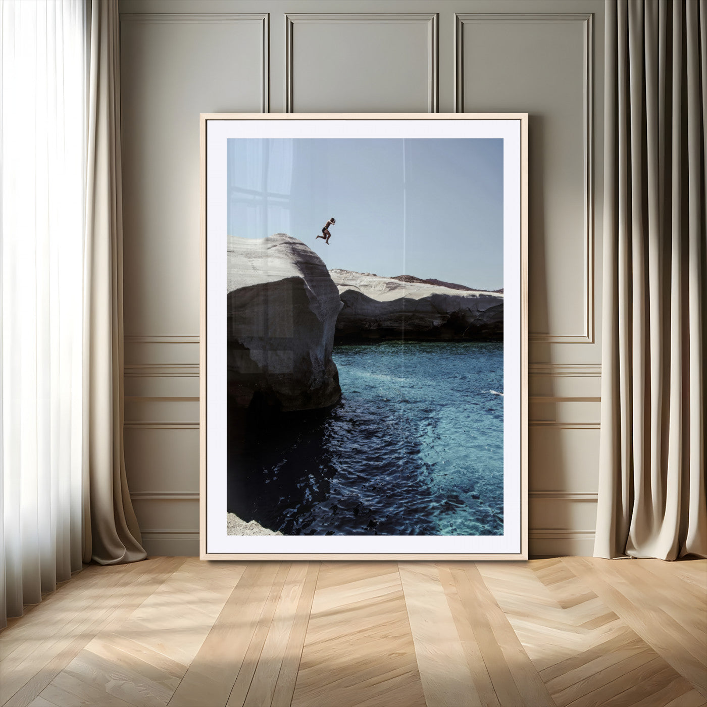 96853328-MGC-FP-24x36-Cliff Diving Wall Art Canvas Print, Framed Turquoise Sea Art Picture Print, Ocean Adventure Perfect Coastal Minimalist Decor