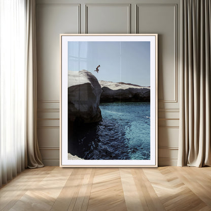 96853328-MGV-CV-24X36-Cliff Diving Wall Art Canvas Print, Framed Turquoise Sea Art Picture Print, Ocean Adventure Perfect Coastal Minimalist Decor