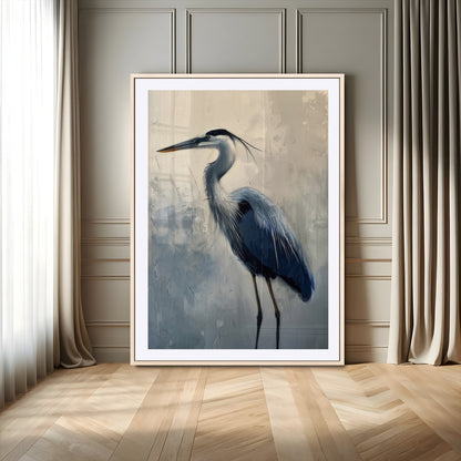 68368019-MGV-CV-24X36-Blue Heron Art Wall Art Canvas Print, Framed Crane Bird Painting Art Picture Print, Elegant Wildlife Scene Perfect Coastal