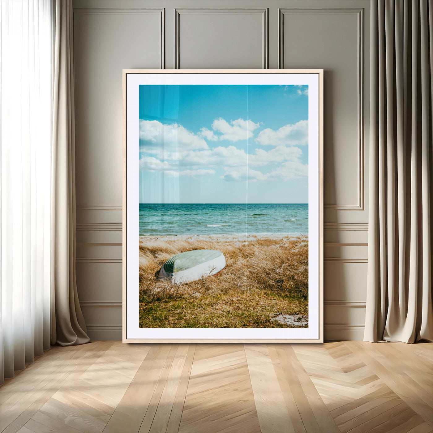 21725303-MGV-CV-24X36-Coastal Serenity Wall Art Canvas Print, Framed Ocean View Art Picture Print, Rustic Boat Perfect Nautical Coastal Decor Artwork