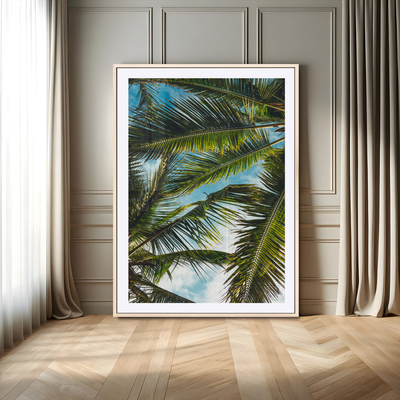 31086560-MGC-FP-24x36-Palm Leaves Wall Art Canvas Print, Framed Tropical Vibes Art Picture Print, Green Foliage Perfect Tropical Boho Decor Artwork