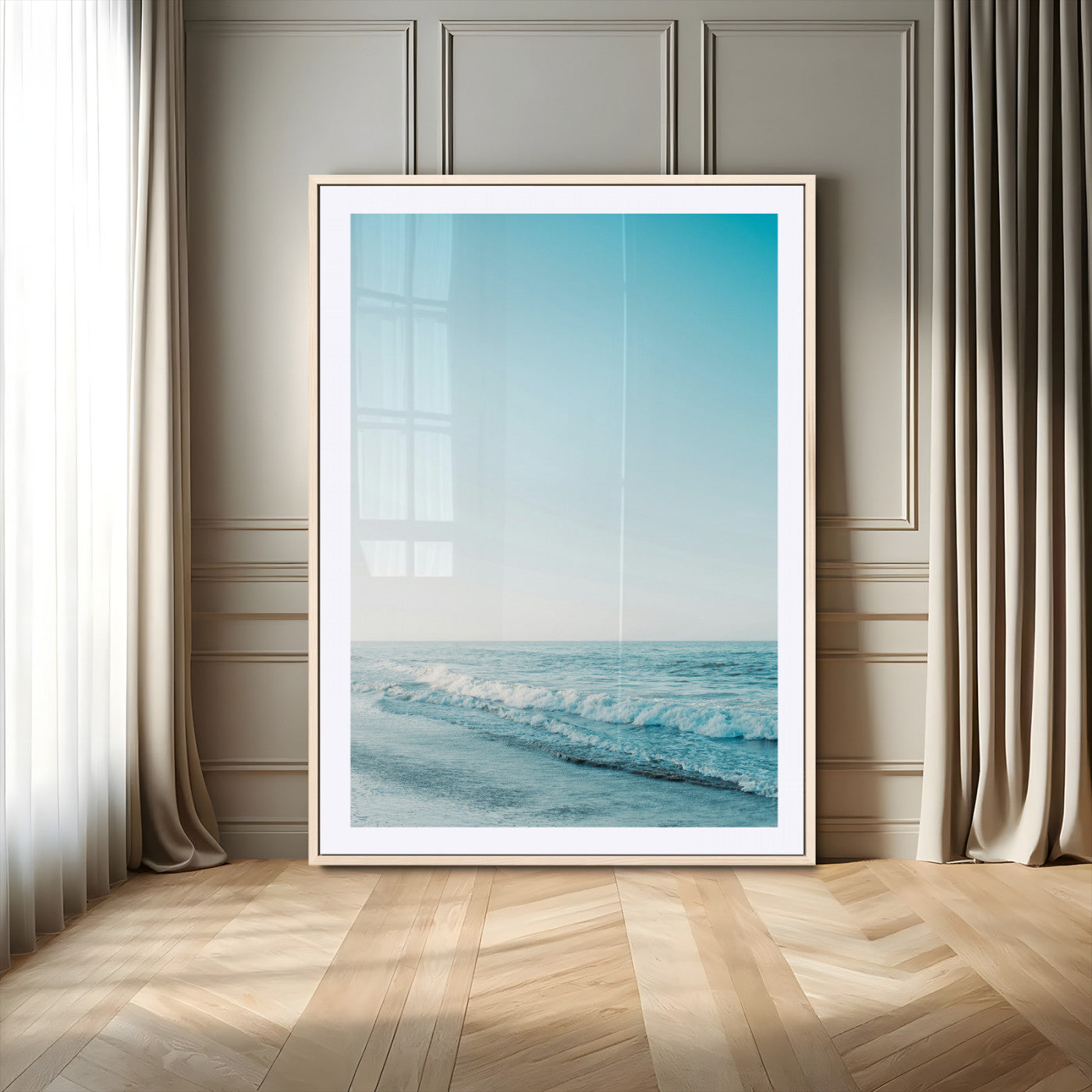 20189712-MGV-CV-24X36-Minimalist Ocean Wall Art Canvas Print, Framed Calm Seascape Art Picture Print, Soft Blue Tones Perfect Coastal Minimalist Decor
