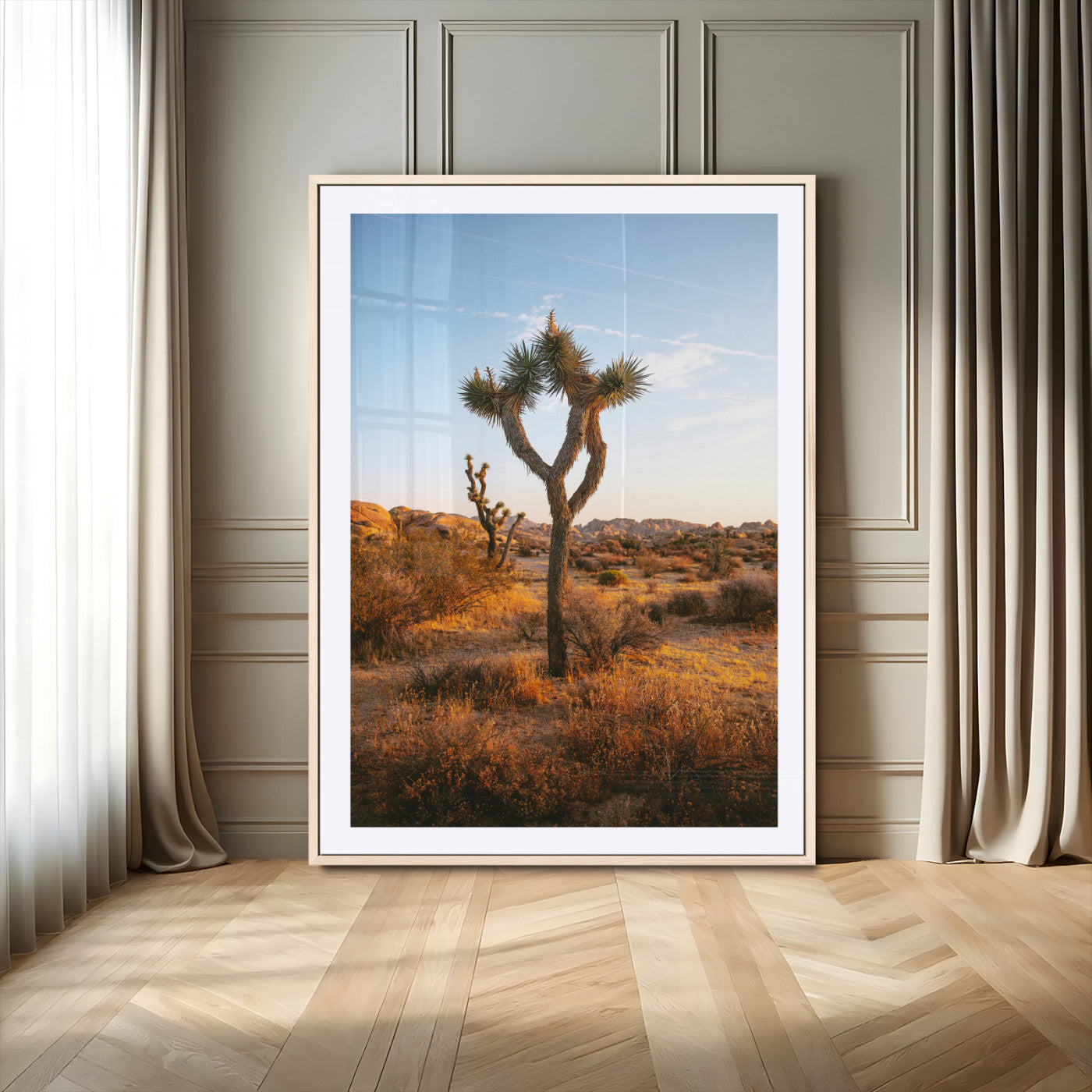 90776393-MGC-FP-24x36_Natural-Joshua Tree Wall Art Canvas Print, Framed Golden Hour Desert Art Picture Print, Sunset Glow Perfect Southwestern Boho Decor