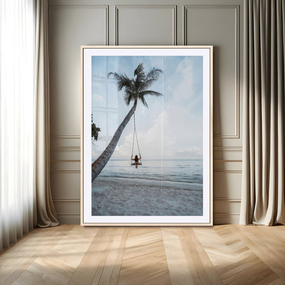 62893825-MGV-CV-24X36-Tropical Palm Tree Swing Wall Art – Ocean Beach Photography Print, Coastal Decor, Wanderlust Travel Photo for Boho Homes & Beach