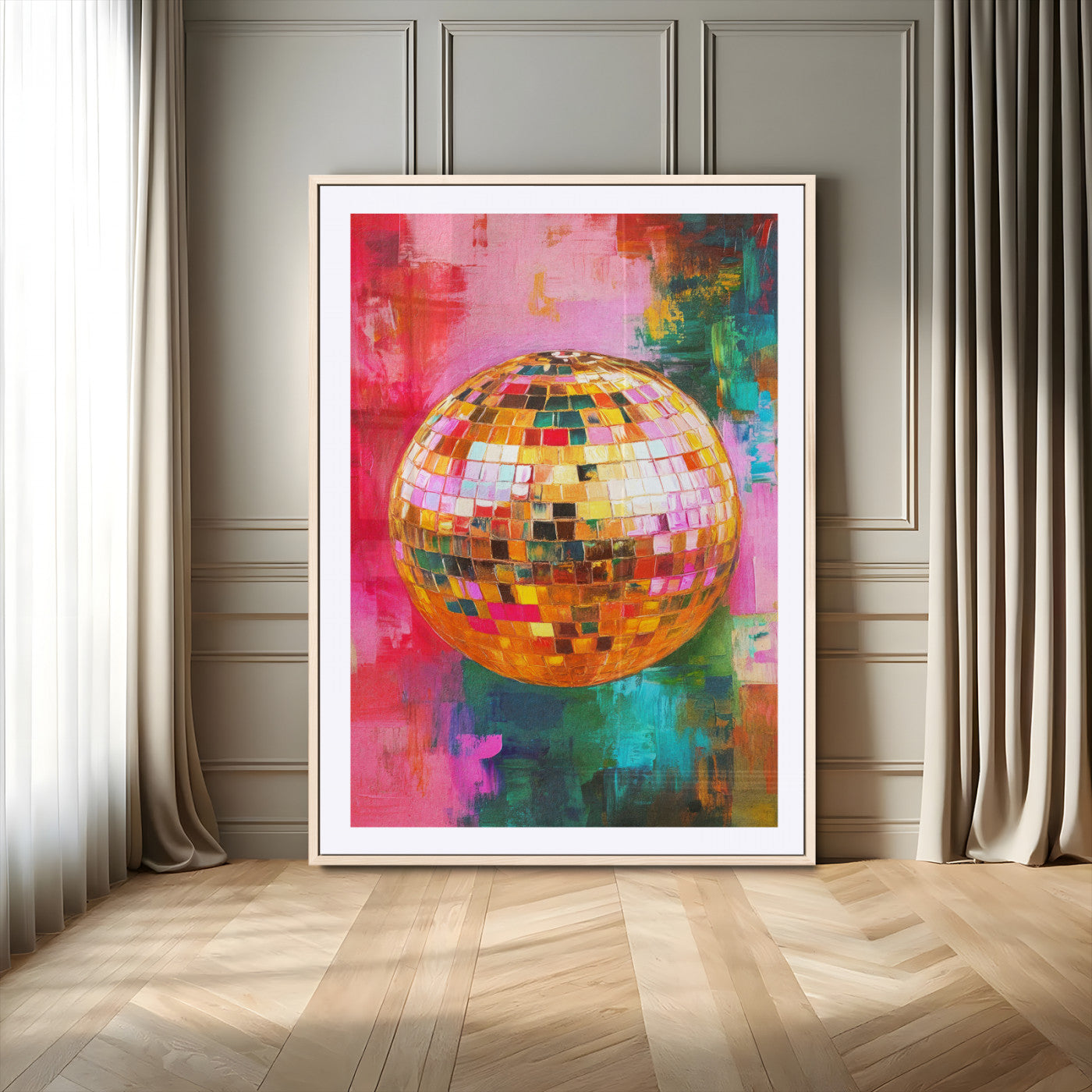 93291679-MGV-CV-24X36-Modern Wall Art – Golden Disco Ball Canvas Print, Colorful Abstract Pop Art Painting Decor for Bedroom, Living Room, Office, Music