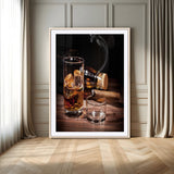13274-MGV-CV-24X36-Whiskey Glass Wall Art Canvas Print, Framed Smoking Cigar Art Picture Print, Amber Whiskey Perfect Masculine Rustic Decor Artwork