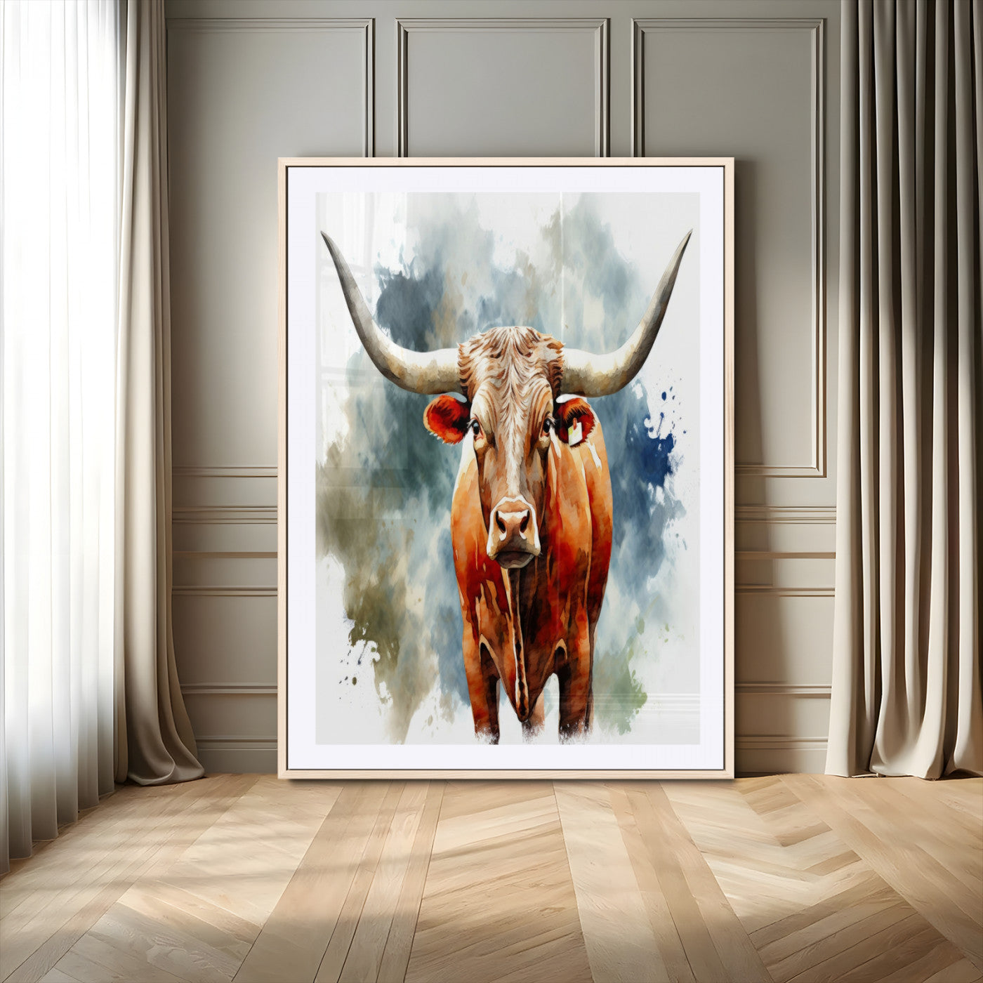 39803-MGV-CV-24X36-Texas Longhorn Wall Art Canvas Print, Framed Rustic Cattle Art Picture Print, Western Bull Perfect Rustic Western Decor Artwork