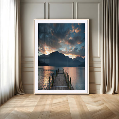 16043-MGV-CV-24X36-Mountain Lake Wall Art Canvas Print, Framed Sunset Reflection Art Picture Print, Calm Horizon Perfect Moody Nature Decor Artwork