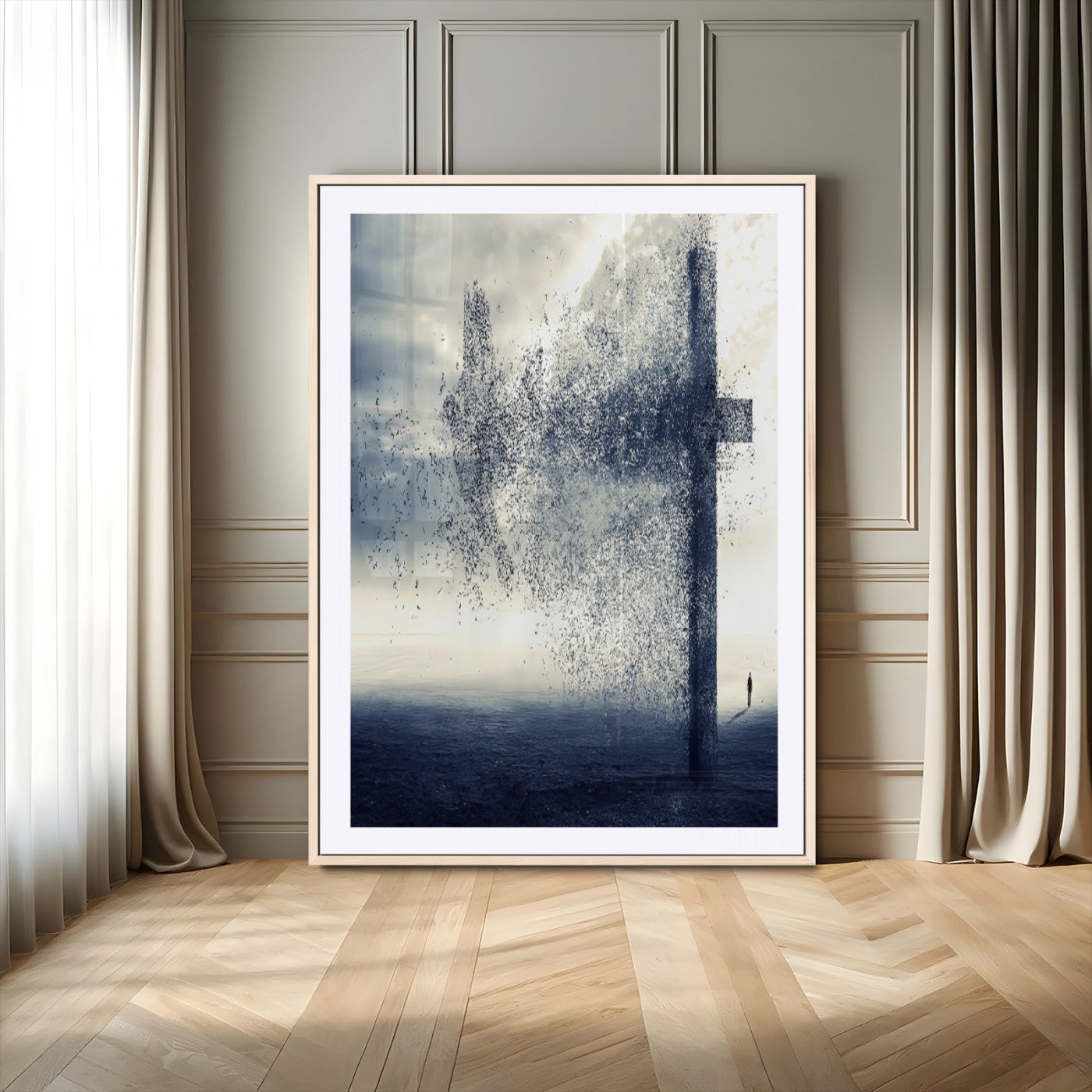 98984-MGV-CV-24X36-Disintegrating Cross Wall Art Canvas Print, Framed Abstract Symbol Art Picture Print, Conceptual Horizon Perfect Spiritual