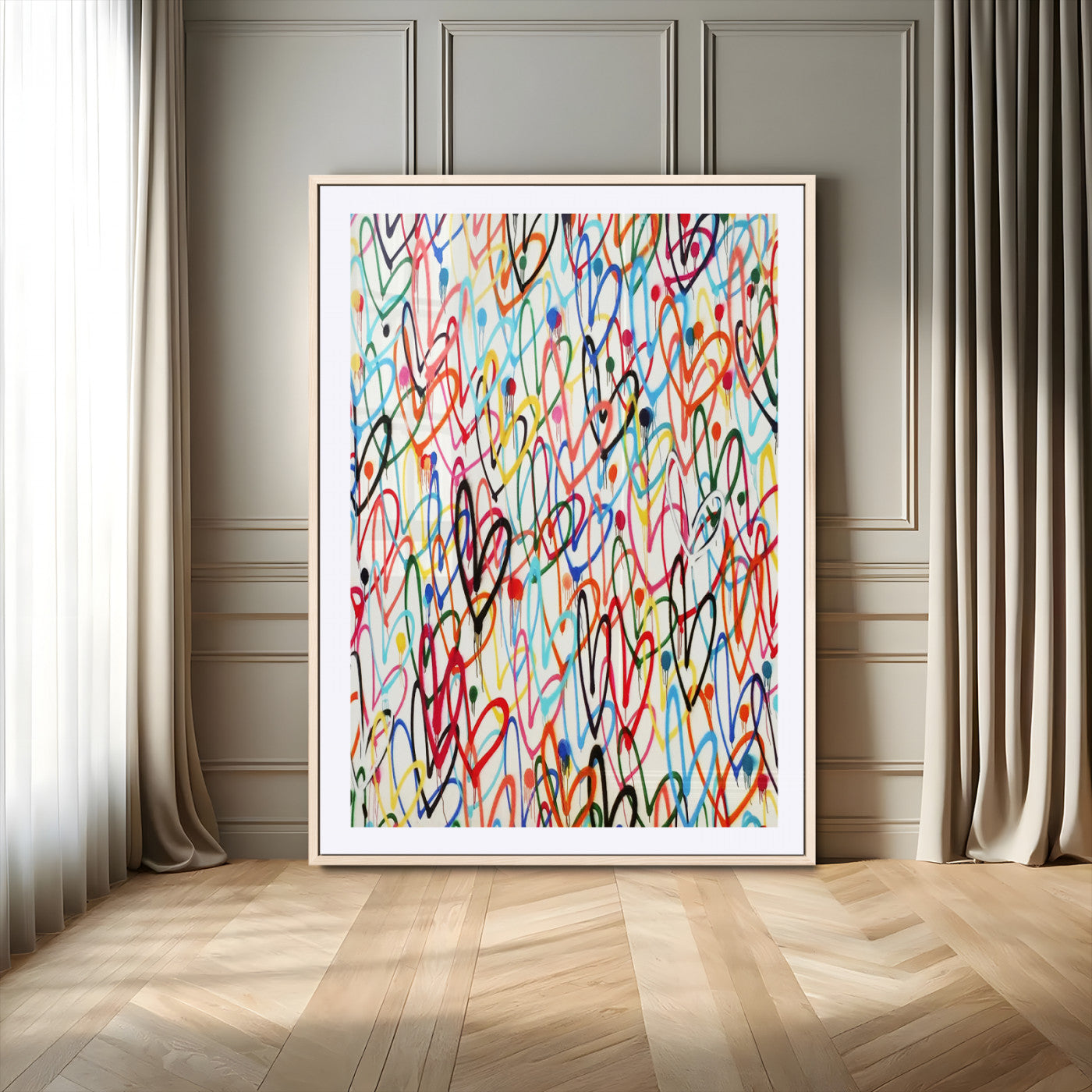 43135-MGV-CV-24X36-Graffiti Hearts Wall Art Canvas Print, Framed Colorful Hearts Art Picture Print, Multicolor Graffiti Perfect Urban Pop Decor