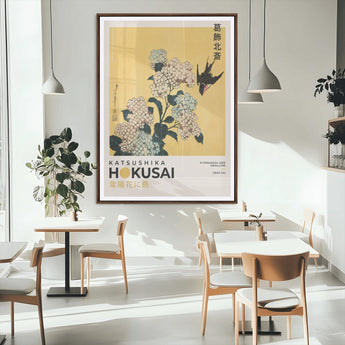 11004-MGC-FP-24x36_Walnut-Hokusai Hydrangea Wall Art – Japanese Floral Canvas Print with Swallow Bird, Classic Ukiyo-e Nature Decor for Bedroom, Office or