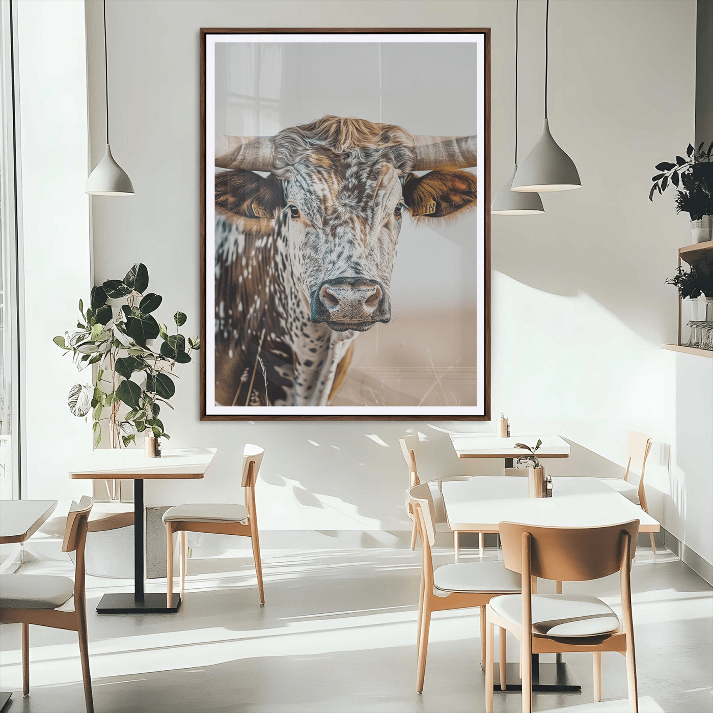 50803532-MGC-FP-24x36_Walnut-Texas Longhorn Wall Art Canvas Print, Framed Speckled Cow Art Picture Print, Horned Bull Perfect Rustic Western Decor Artwork