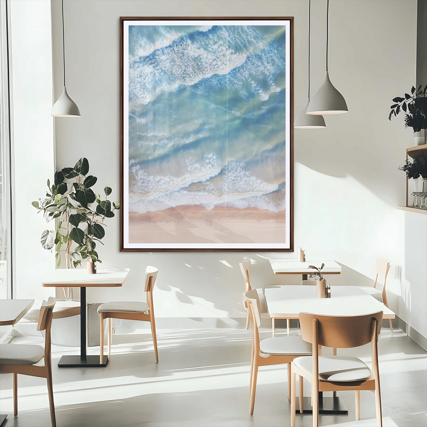 81208260-MGC-FP-24x36_Walnut-Aerial Ocean Wall Art Canvas Print, Framed Blue Waves Art Picture Print, Sandy Shoreline Perfect Modern Coastal Decor Artwork