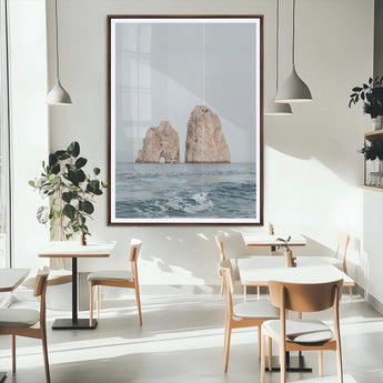 23148844-MGC-FP-24x36_Walnut-Faraglioni Capri Wall Art Canvas Print, Framed Serene Ocean Art Picture Print, Mediterranean Coastal Perfect Mediterranean