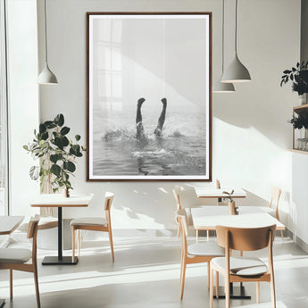 43900465-MGC-FP-24x36_Walnut-Minimal Ocean Wall Art Canvas Print, Framed Monochrome Diving Art Picture Print, Swimmer in Sea Perfect Minimalist Coastal Decor