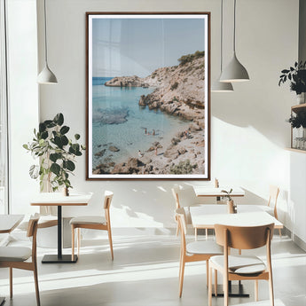 97854283-MGC-FP-24x36_Walnut-Turquoise Cove Wall Art Canvas Print, Framed Ibiza Beach Art Picture Print, Mediterranean Shore Perfect Boho Coastal Decor Artwork