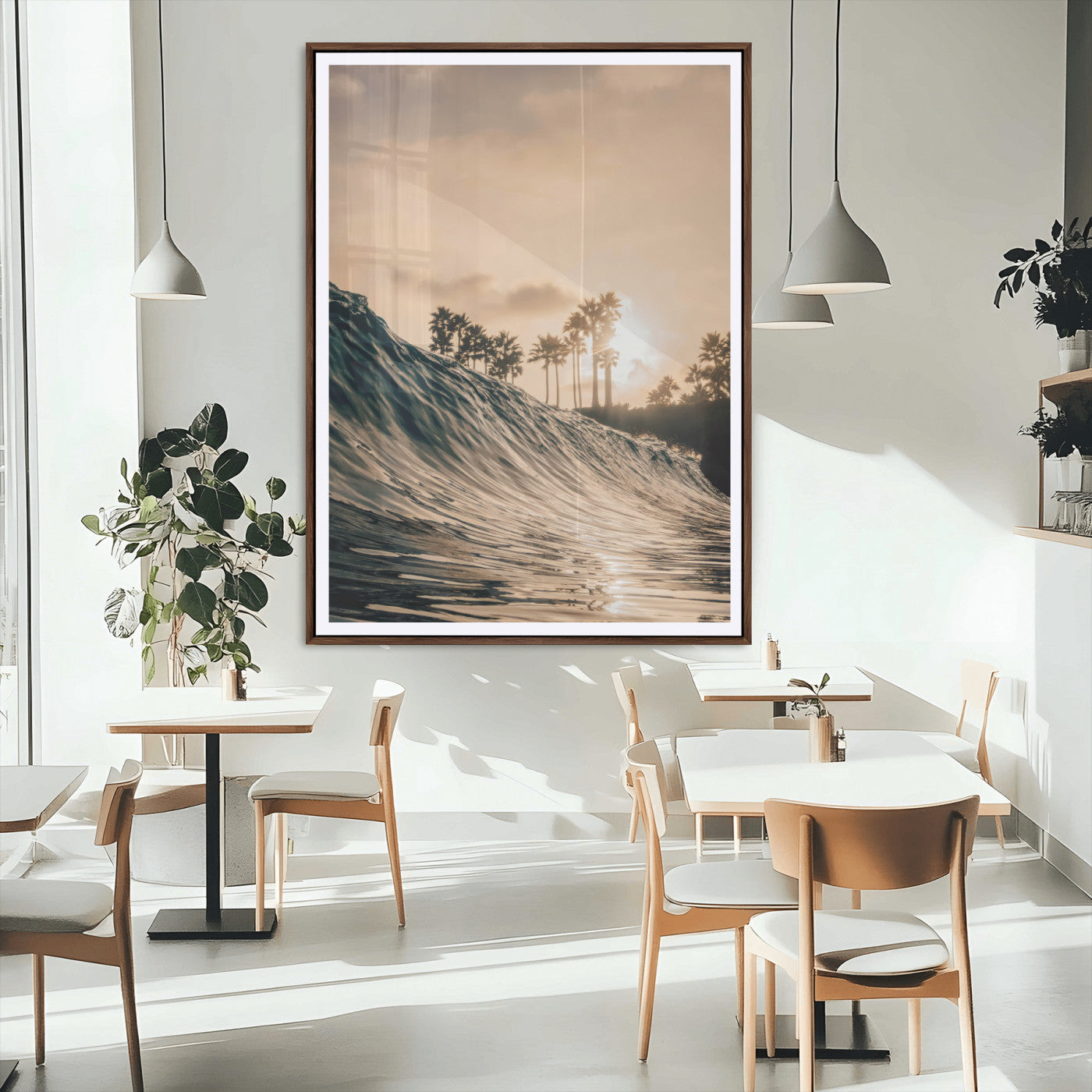 50270635-MGC-FP-24x36_Walnut-Golden Hour Ocean Wall Art Canvas Print, Framed Beach Sunset Art Picture Print, Palm Trees Perfect Tropical Coastal Decor Artwork