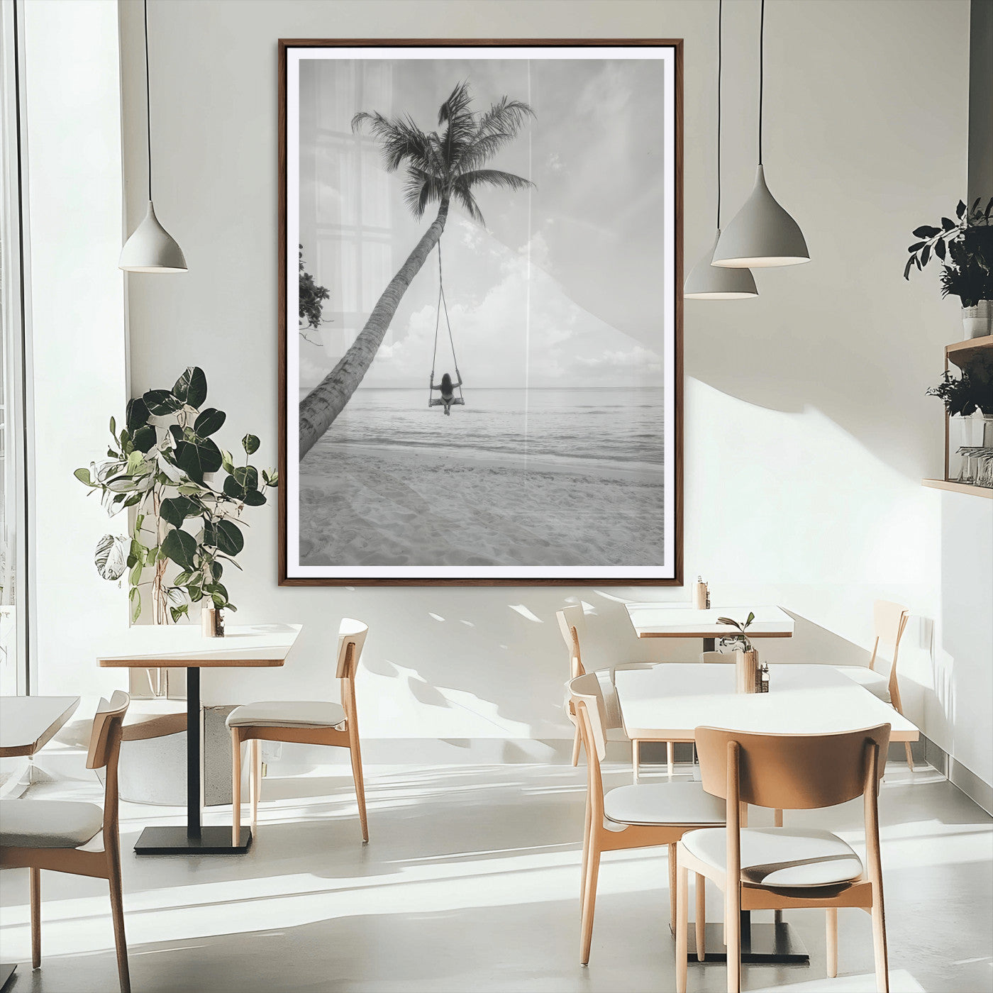 78460277-MGC-FP-24x36_Walnut-Black White Palms Wall Art Canvas Print, Framed Beach Swing Art Picture Print, Monochrome Coastal Perfect Minimalist Coastal Decor