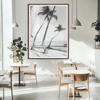 50406026-MGC-FP-24x36_Walnut-Black White Palms Wall Art Canvas Print, Framed Tropical Beach Art Picture Print, Minimalist Coastal Perfect Coastal Minimalist