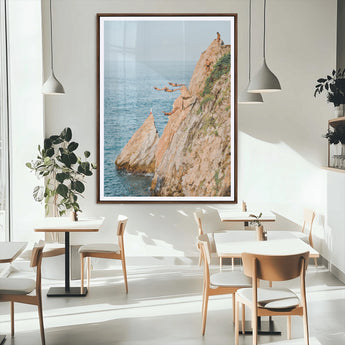 74527880-MGC-FP-24x36_Walnut-Cliff Divers Wall Art Canvas Print, Framed Ocean Adventure Art Picture Print, Coastal Movement Perfect Adventurous Coastal Decor