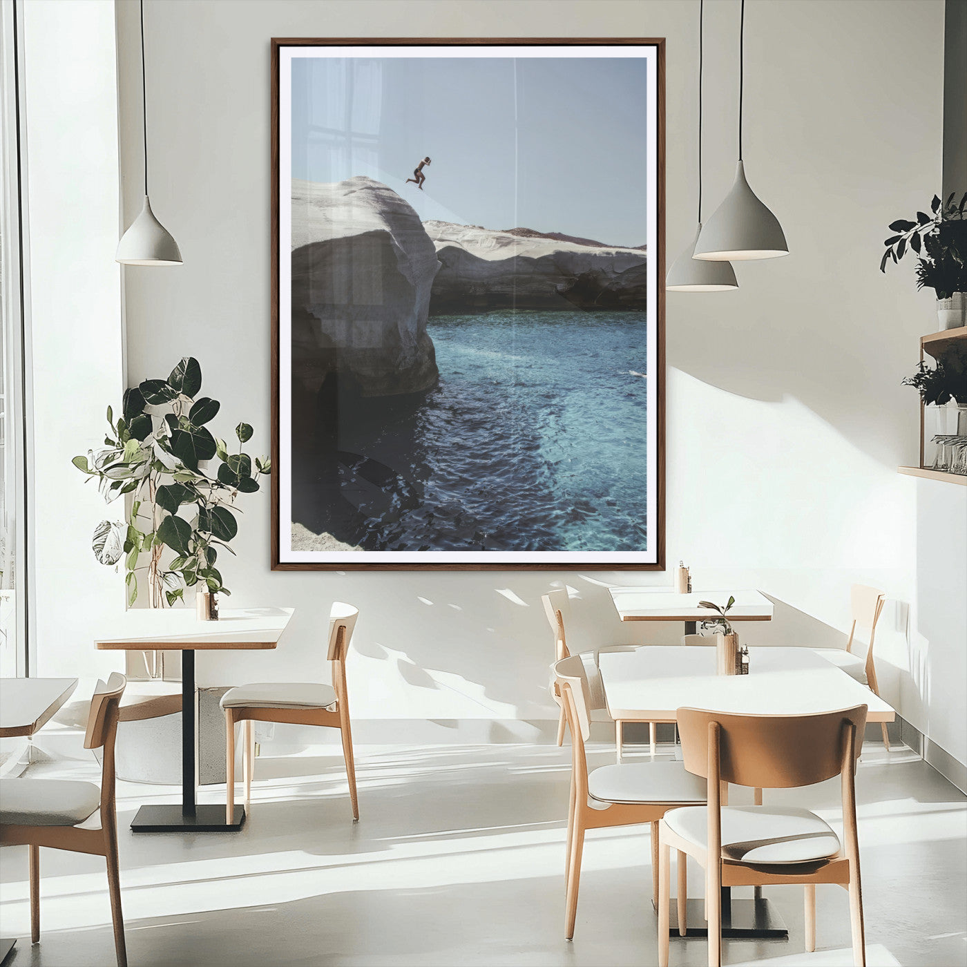 96853328-MGC-FP-24x36_Walnut-Cliff Diving Wall Art Canvas Print, Framed Turquoise Sea Art Picture Print, Ocean Adventure Perfect Coastal Minimalist Decor