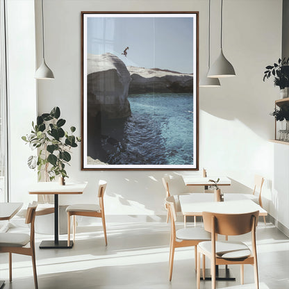 96853328-MGC-FP-24x36_Walnut-Cliff Diving Wall Art Canvas Print, Framed Turquoise Sea Art Picture Print, Ocean Adventure Perfect Coastal Minimalist Decor