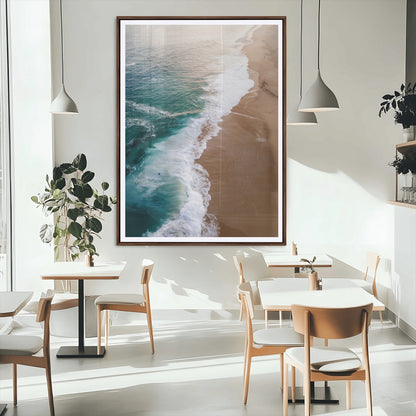 46042804-MGC-FP-24x36_Walnut-Aerial Beach Wall Art Canvas Print, Framed Coastal Waves Art Picture Print, Turquoise Ocean Perfect Modern Coastal Decor Artwork