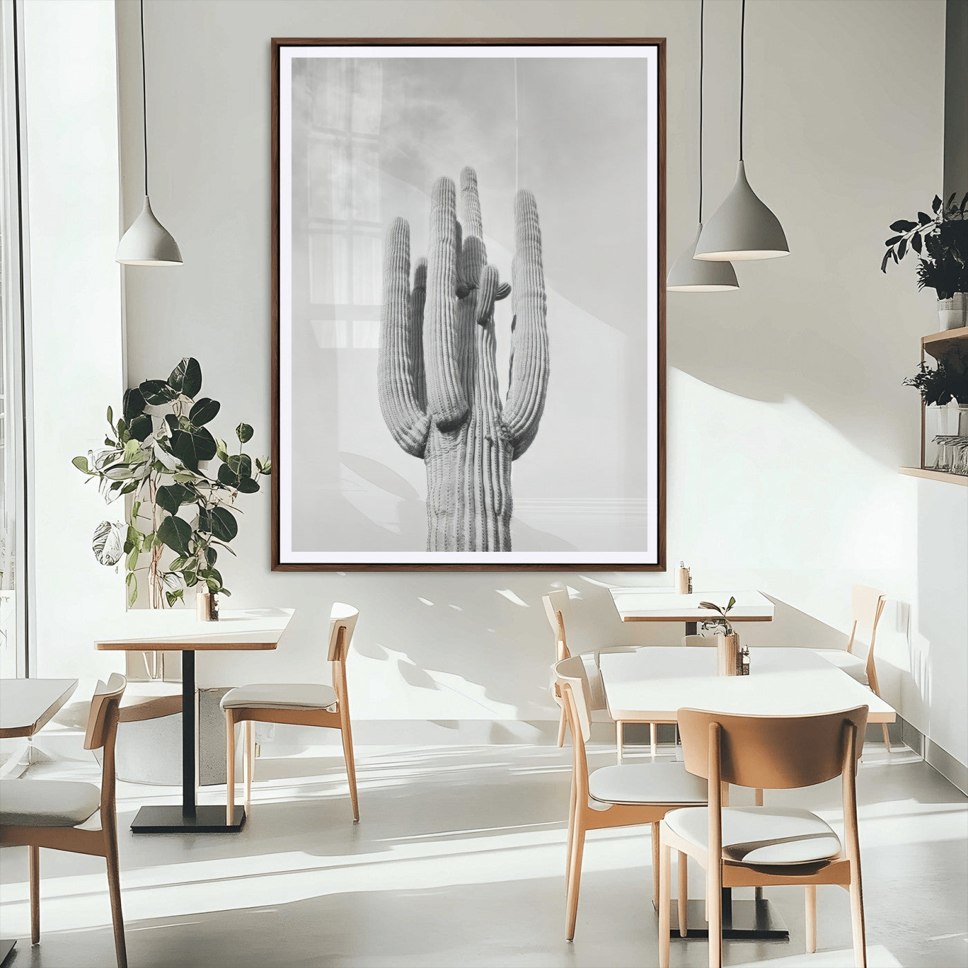 17148959-MGC-FP-24x36_Walnut-Saguaro Cactus Wall Art Canvas Print, Framed Monochrome Desert Art Picture Print, Black White Cactus Perfect Southwestern