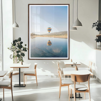 98091684-MGC-FP-24x36_Walnut-Hot Air Balloon Wall Art Canvas Print, Framed Flight Reflection Art Picture Print, Peaceful Lakeside Perfect Modern Minimalist