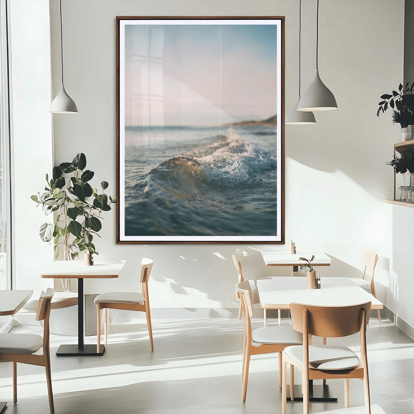 65283502-MGC-FP-24x36_Walnut-Ocean Waves Wall Art Canvas Print, Framed Coastal Serenity Art Picture Print, Golden Hour Perfect Modern Coastal Decor Artwork
