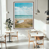 21725303-MGC-FP-24x36_Walnut-Coastal Serenity Wall Art Canvas Print, Framed Ocean View Art Picture Print, Rustic Boat Perfect Nautical Coastal Decor Artwork