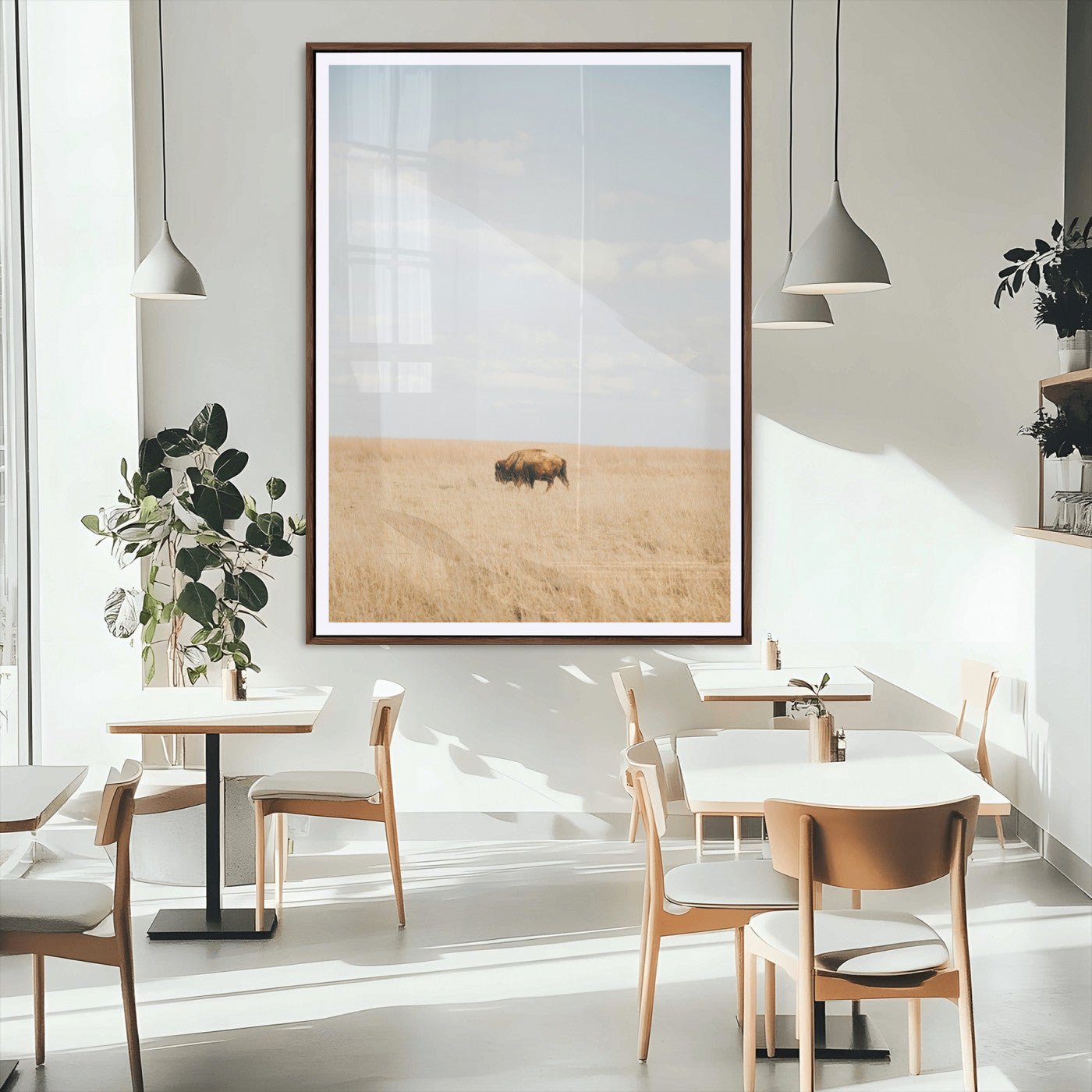 96766166-MGC-FP-24x36_Walnut-Minimalist Nature Wall Art Canvas Print, Framed Bison In Grassland Art Picture Print, Open Field Perfect Modern Ranch Decor Decor