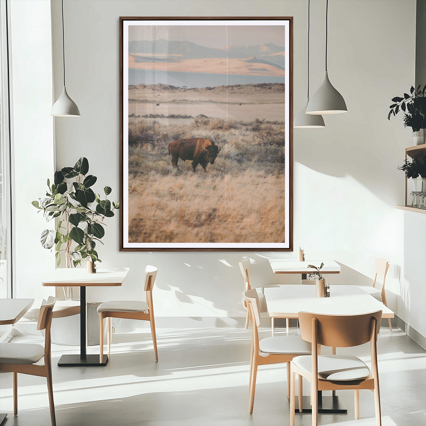 75146693-MGC-FP-24x36_Walnut-Solitary Buffalo Wall Art Canvas Print, Framed Golden Prairie Art Picture Print, Earthy Tones Perfect Rustic Western Decor Artwork