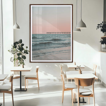 89450227-MGC-FP-24x36_Walnut-Minimalist Seascape Wall Art Canvas Print, Framed Soft Pastel Sunset Art Picture Print, Tranquil Ocean Perfect Minimalist Coastal