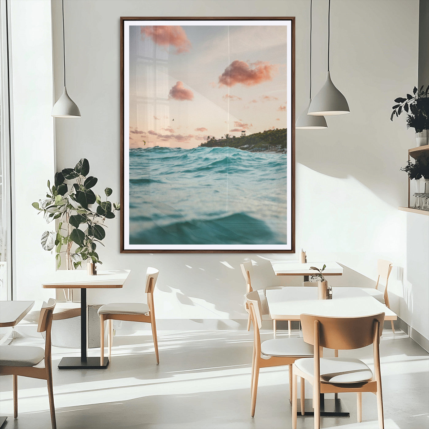 13960366-MGC-FP-24x36_Walnut-Tropical Seascape Wall Art Canvas Print, Framed Sunset Ocean Art Picture Print, Coastal Aesthetic Perfect Coastal Bohemian Decor