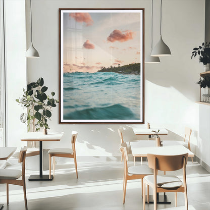 13960366-MGC-FP-24x36_Walnut-Tropical Seascape Wall Art Canvas Print, Framed Sunset Ocean Art Picture Print, Coastal Aesthetic Perfect Coastal Bohemian Decor