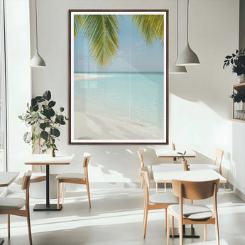 90359351-MGC-FP-24x36_Walnut-Azure Water Wall Art Canvas Print, Framed Tranquil Island Escape Art Picture Print, Clear Blue Ocean Perfect Coastal Minimalist