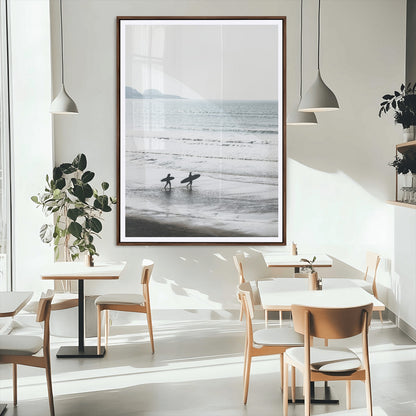 58090796-MGC-FP-24x36_Walnut-Surfer Silhouettes Wall Art Canvas Print, Framed Minimalist Ocean Art Picture Print, Soft Horizon Perfect Minimalist Coastal Decor