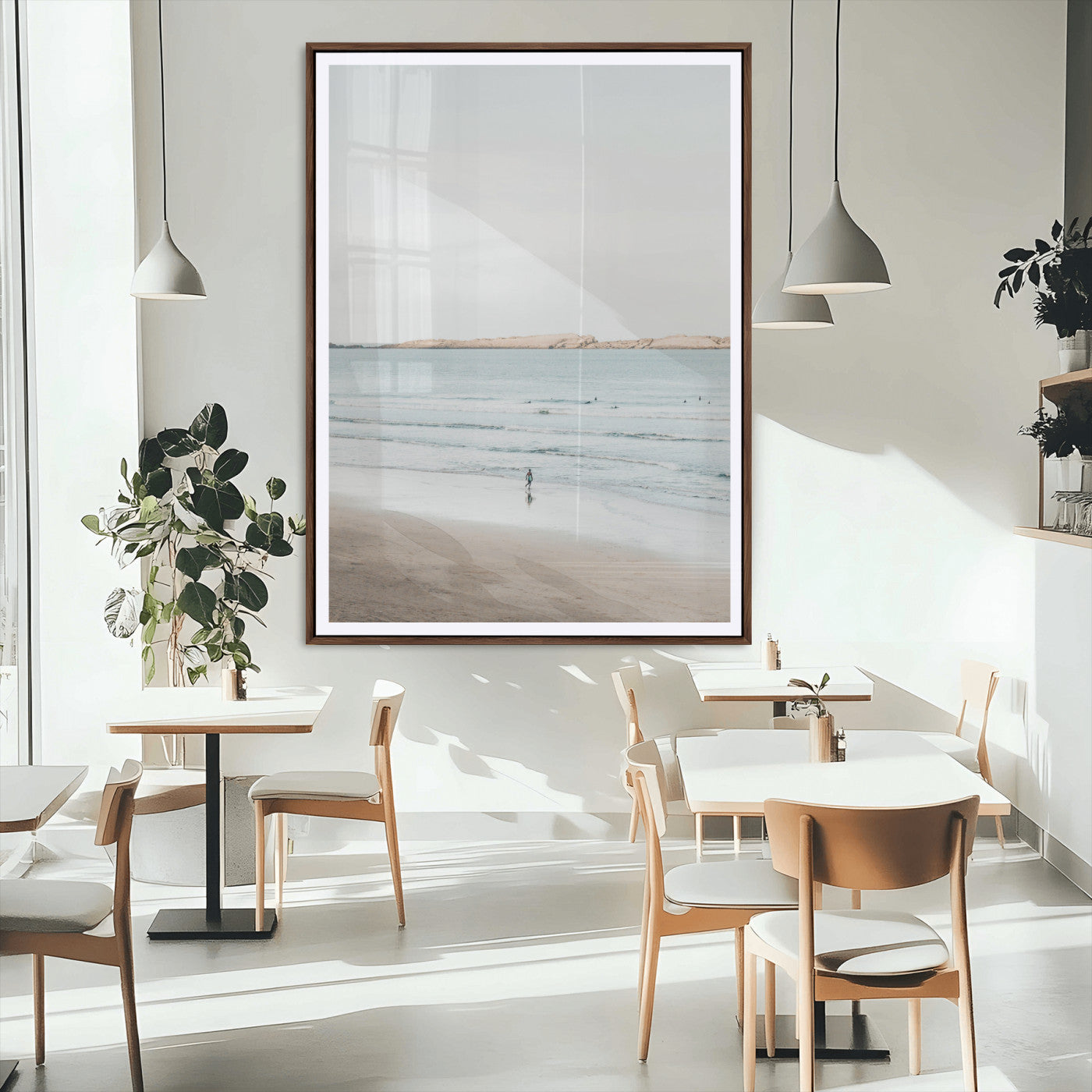 66350373-MGC-FP-24x36_Walnut-Minimalist Beach Wall Art Canvas Print, Framed Soft Blue Tones Art Picture Print, Tranquil Ocean Perfect Coastal Minimalist Decor