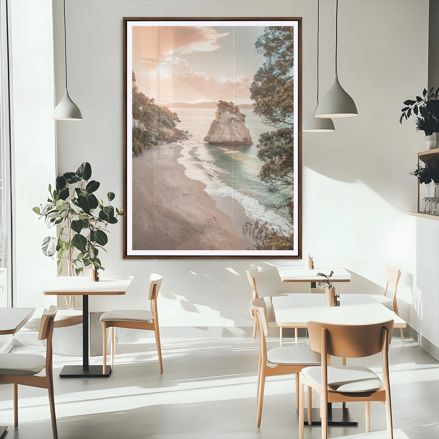 34220311-MGC-FP-24x36_Walnut-Coastal Rock Wall Art – Sunset Beach Canvas Print with Ocean Waves and Golden Light, Scenic Seaside Photography for Bedroom,