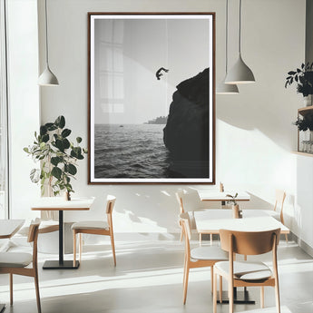 36618494-MGC-FP-24x36_Walnut-Modern Wall Art – Cliff Diver Black and White Canvas Print, Bold Ocean Photography Decor for Bedroom, Living Room, Office, Coastal