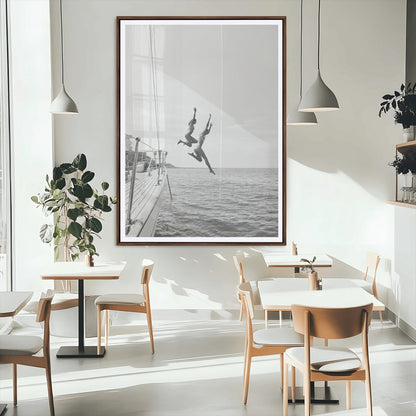 34708932-MGC-FP-24x36_Walnut-Sailing Adventure Wall Art – Black and White Ocean Jump Canvas Print, Nautical Lifestyle Photography Decor for Living Room,
