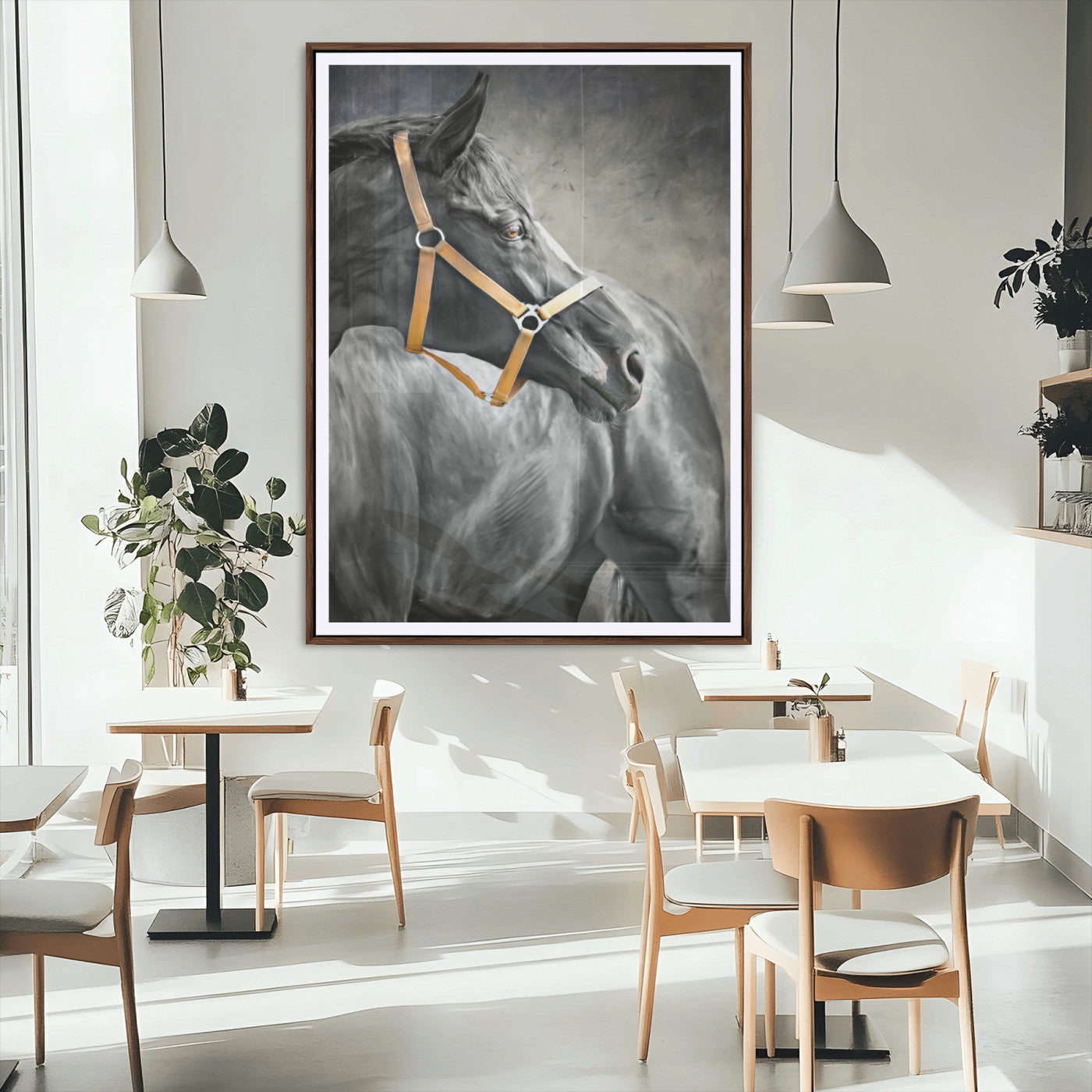 40324916-MGC-FP-24x36_Walnut-Horse Wall Art – Equestrian Canvas Print, Elegant Black Stallion Portrait with Golden Halter, Rustic Western Photography Decor for