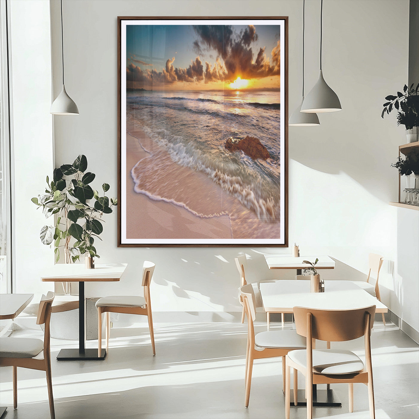 14930-MGC-FP-24x36_Walnut-Beach Sunset Wall Art Canvas Print, Framed Ocean Horizon Art Picture Print, Tropical Shore Perfect Minimalist Coastal Decor